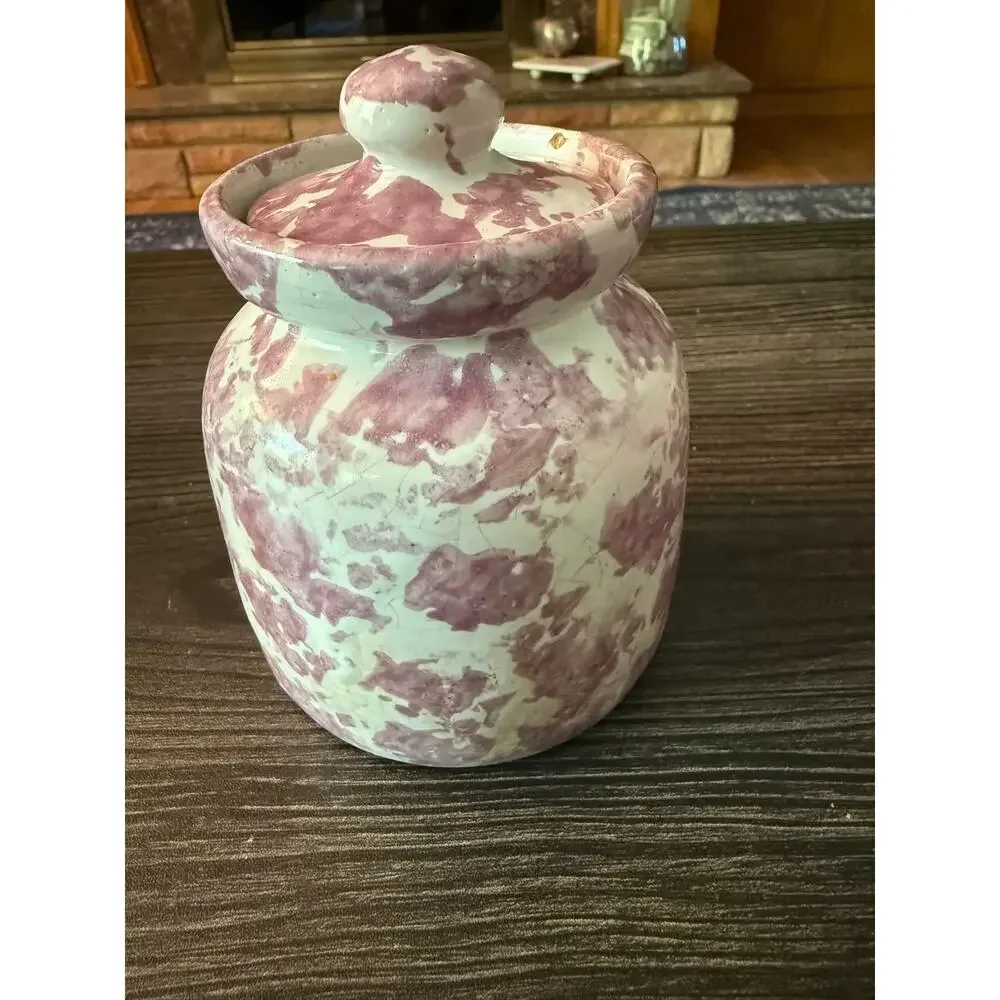 Vintage Handmade Pottery Rose Spongeware Glaze Sugar Bowl